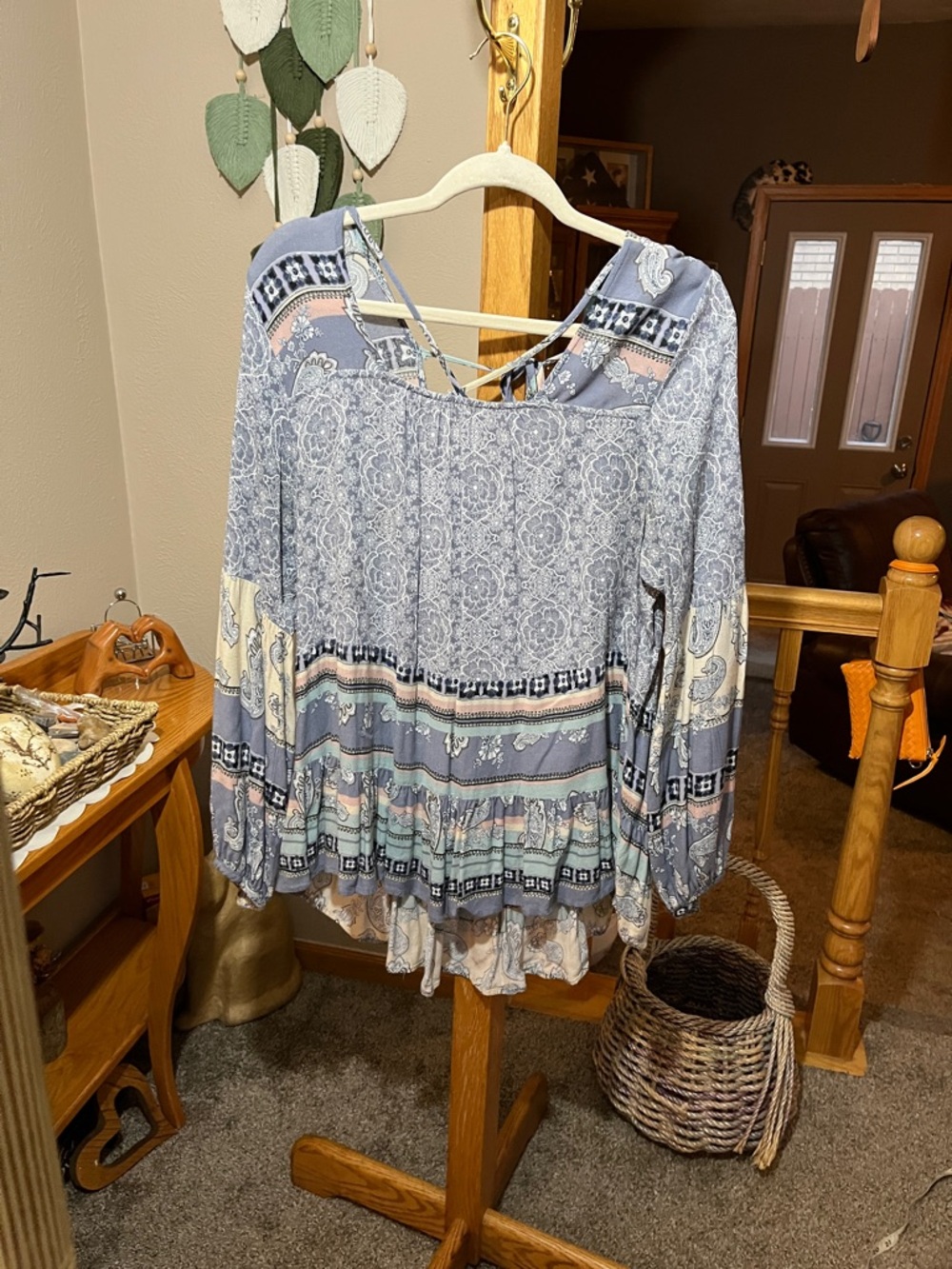 Knox Rose Light Blue Patterned Boho Tunic with Lace-Up Back
